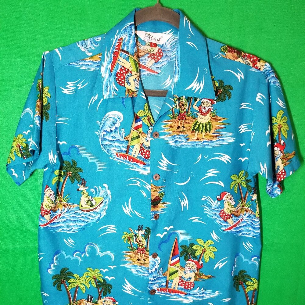 Alvish Hawaiian Aloha Womens Size Large Shirt Surfin Santa Palm Trees Christmas